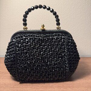 Vandervoort Black Crystal Woven Handbag w/ Beaded Handles – Made in Italy
